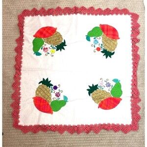 Vintage Mexican Embroidered Fruit Tablecloth with Crochet Lace Trim 26x26